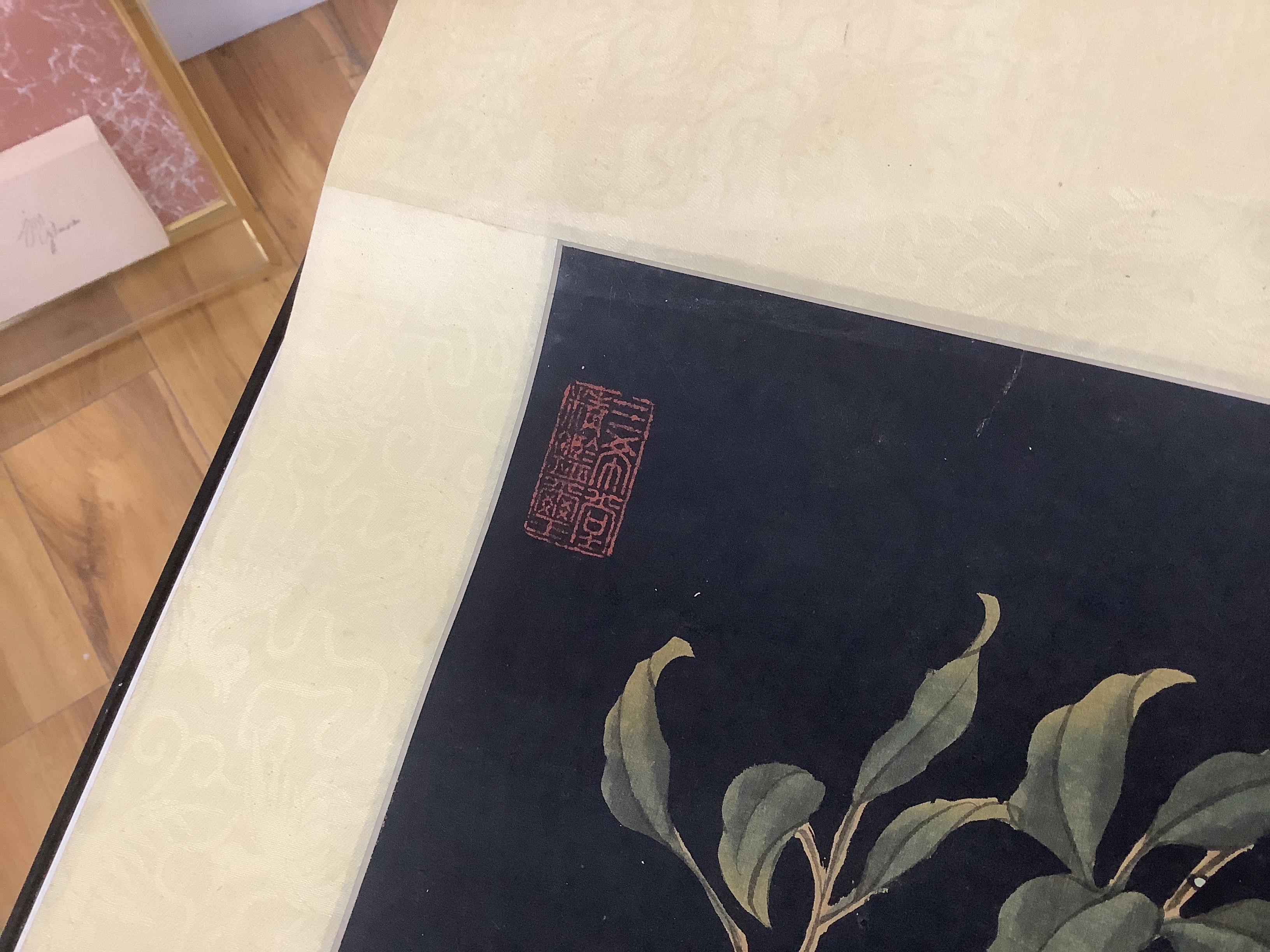 A Chinese hundred bird painted scroll, 239cm high